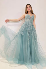 Sea Glass Tulle Appliques Lace-Up A-Line Long Prom Dress