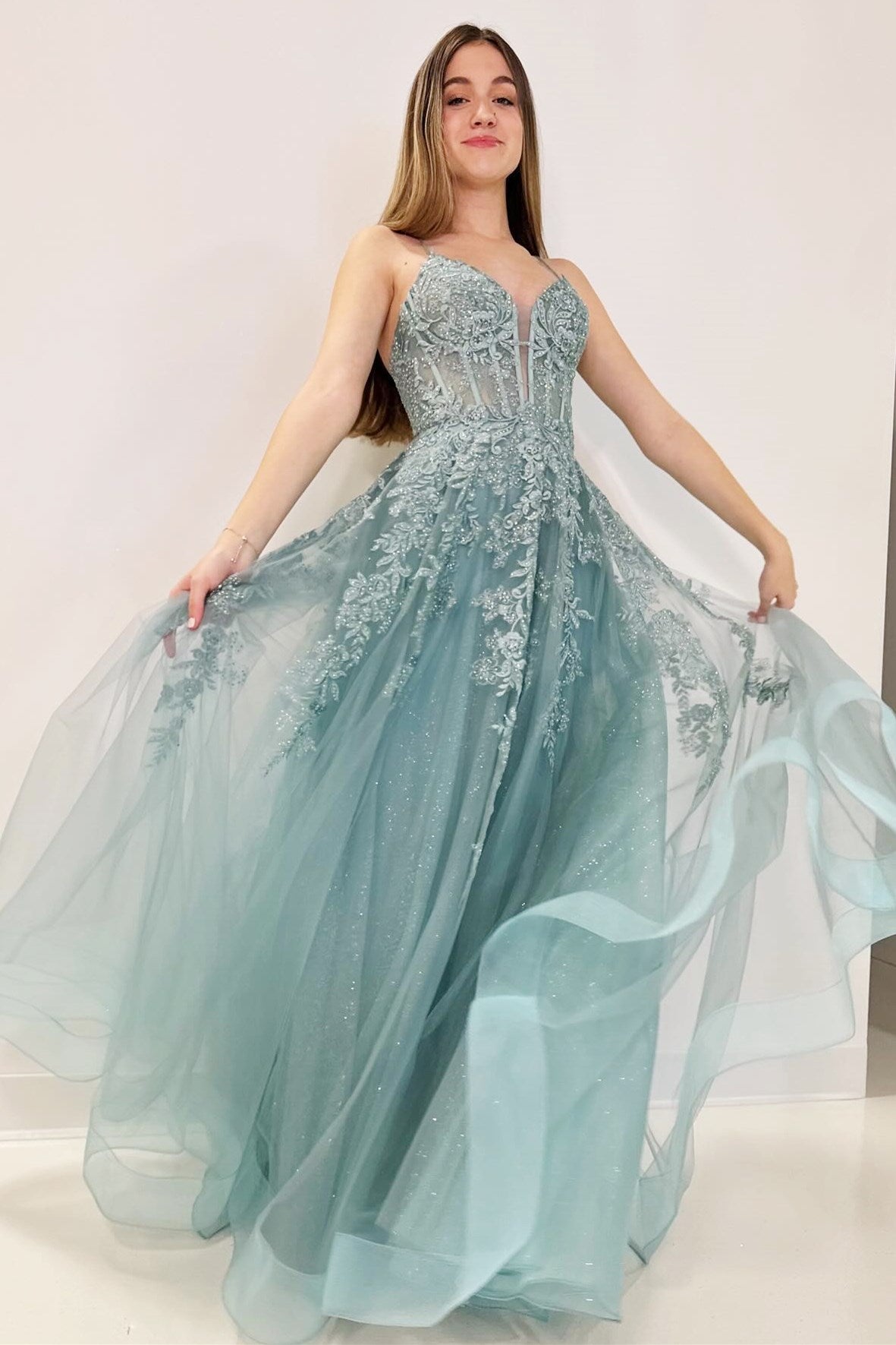 Sea Glass Tulle Appliques Lace-Up A-Line Long Prom Dress