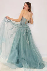 Sea Glass Tulle Appliques Lace-Up A-Line Long Prom Dress