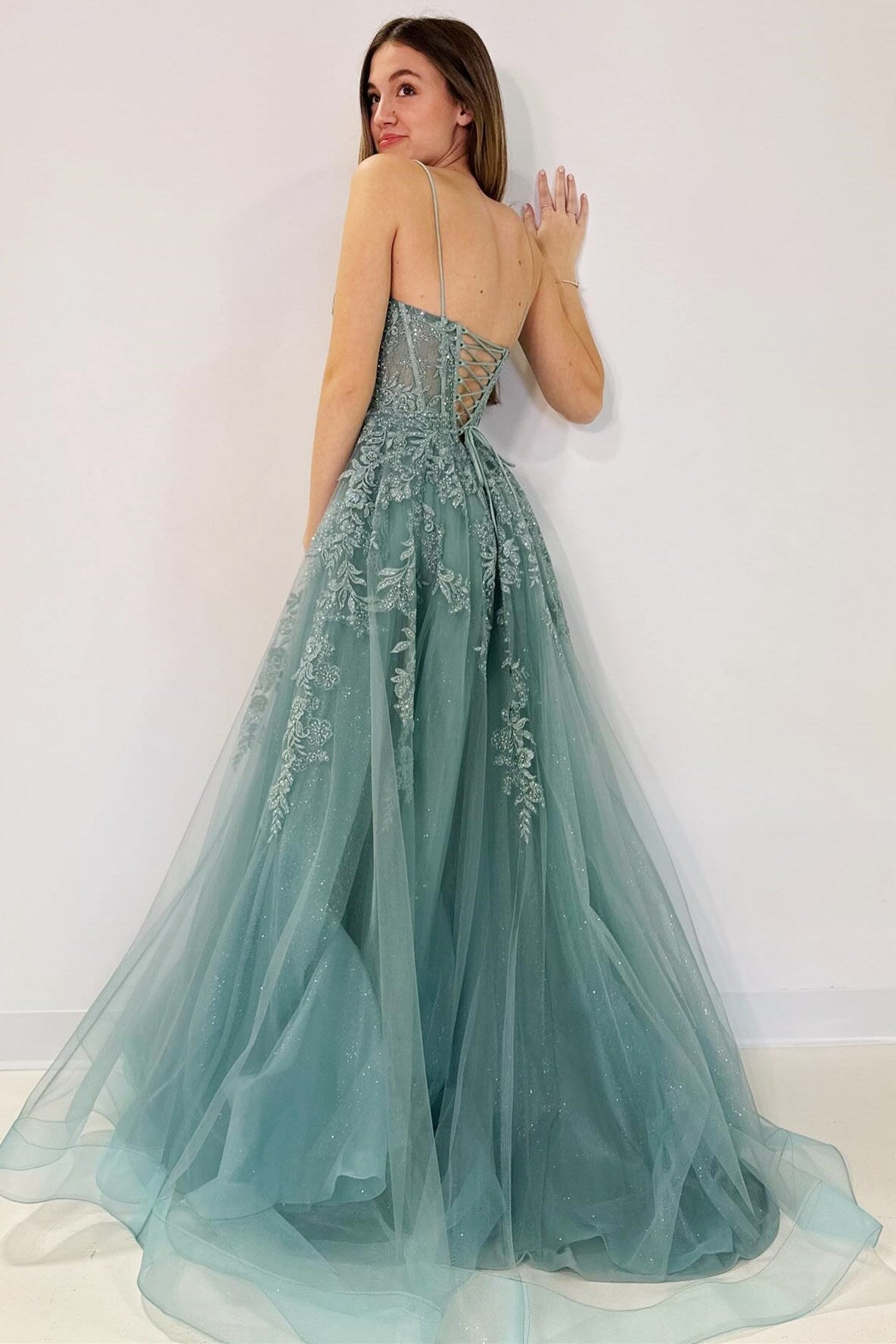 Sea Glass Tulle Appliques Lace-Up A-Line Long Prom Dress