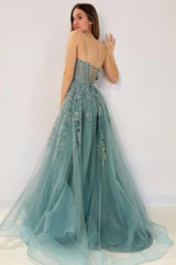 Sea Glass Tulle Appliques Lace-Up A-Line Long Prom Dress