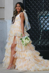 Coral Print Plunge V Ruffle Tiered Long Prom Dress