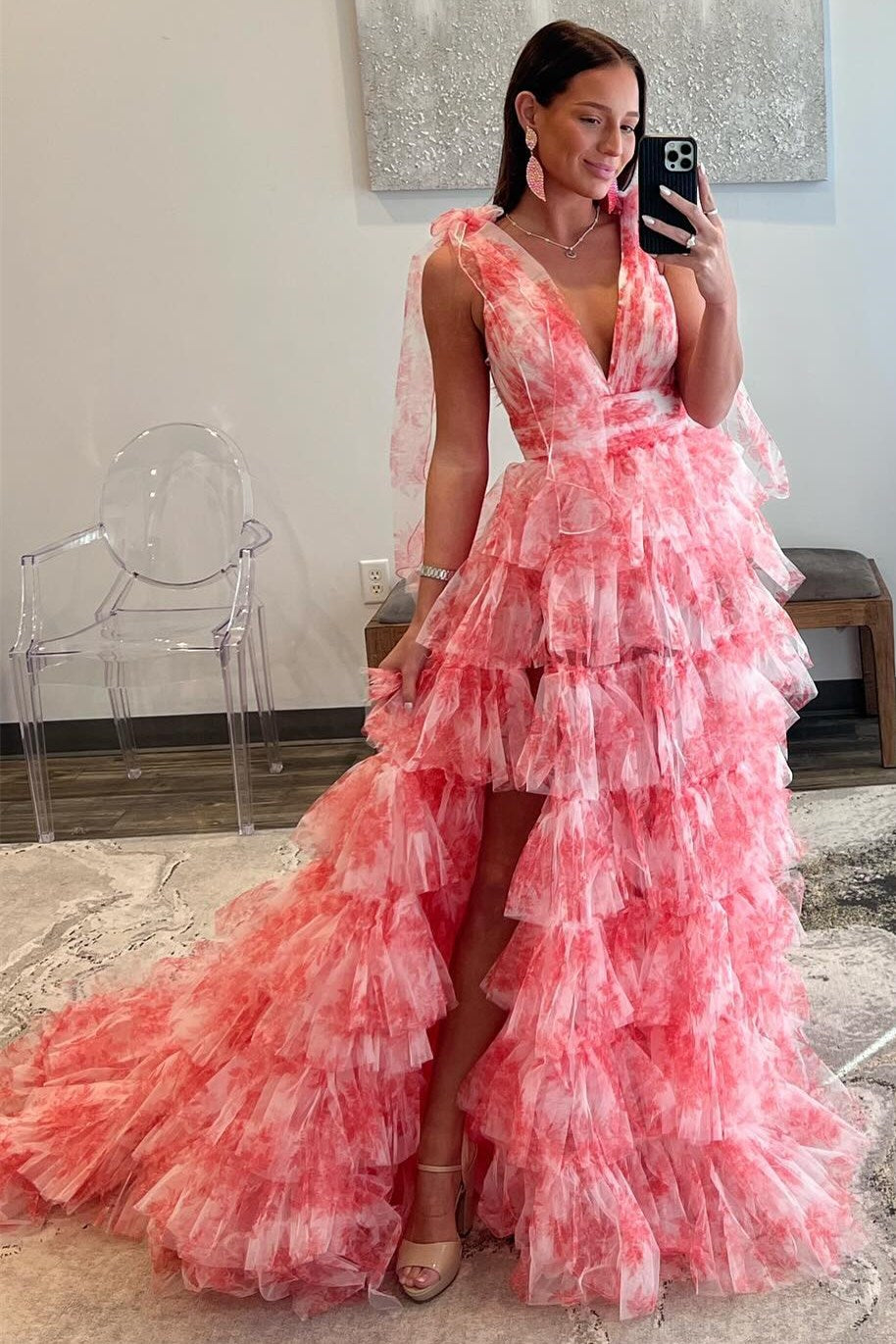 Coral Print Plunge V Ruffle Tiered Long Prom Dress