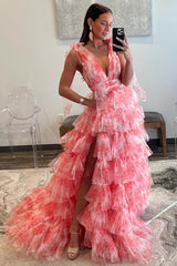 Coral Print Plunge V Ruffle Tiered Long Prom Dress