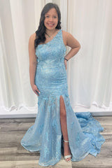 Light Blue Sequin One-Shoulder Trumpet Long Dress with Slit