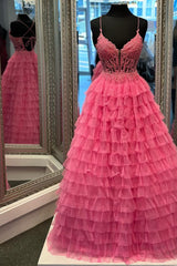 Hot Pink Appliques Spaghetti Strap Ruffle Tiered Long Prom Dress