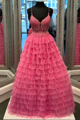 Hot Pink Appliques Spaghetti Strap Ruffle Tiered Long Prom Dress