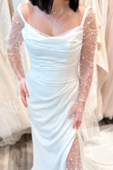 White Pearls Long Sleeve Mermaid Long Wedding Dress