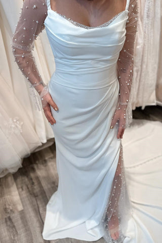 White Pearls Long Sleeve Mermaid Long Wedding Dress