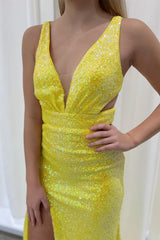 Yellow Sequin Plunge V Cutout Mermaid Long Prom Dress