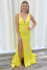 Yellow Sequin Plunge V Cutout Mermaid Long Prom Dress