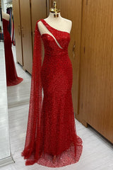 One-Shoulder Red Sequin Cutout Mermaid Long Prom Dress