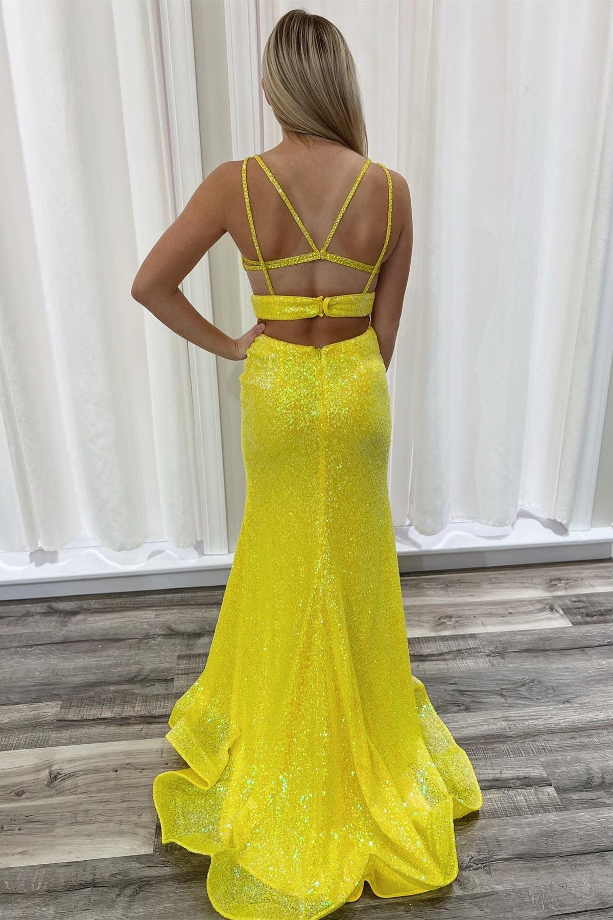 Yellow Sequin Plunge V Cutout Mermaid Long Prom Dress
