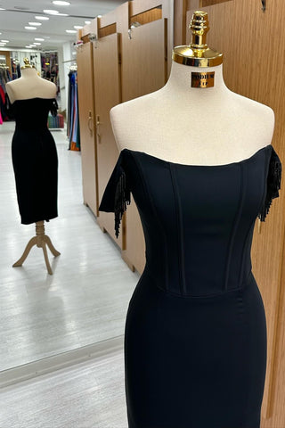 Black Off-the-Shoulder Tassel Sheath Cocktail Dress