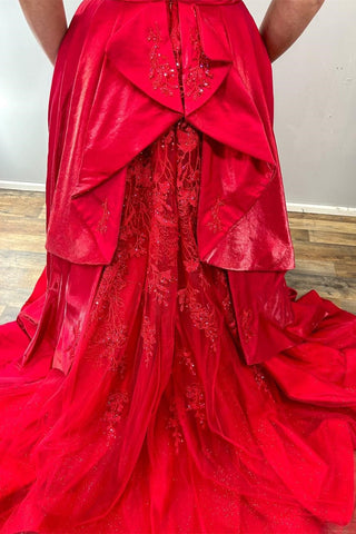 Red Sweetheart Open Back Ruffle Long Gown