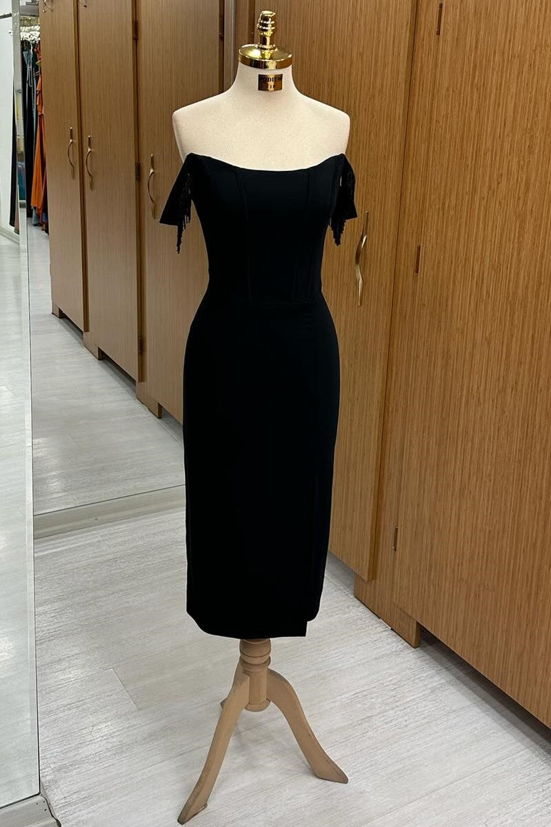 Black Off-the-Shoulder Tassel Sheath Cocktail Dress