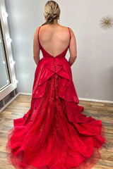 Red Sweetheart Open Back Ruffle Long Gown