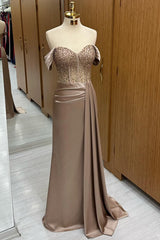 Champagne Beaded Off-the-Shoulder Long Formal Dress