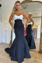 Strapless Keyhole Trumpet Color-Block Long Dress