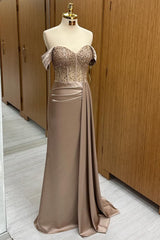 Champagne Beaded Off-the-Shoulder Long Formal Dress