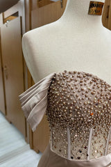 Champagne Beaded Off-the-Shoulder Long Formal Dress