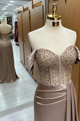 Champagne Beaded Off-the-Shoulder Long Formal Dress