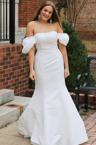 White Off-the-Shoulder Puff Sleeve Trumpet Long Wedding Dress