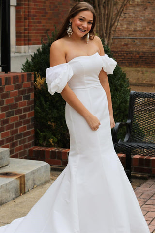 White Off-the-Shoulder Puff Sleeve Trumpet Long Wedding Dress