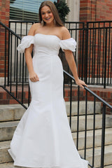 White Off-the-Shoulder Puff Sleeve Trumpet Long Wedding Dress