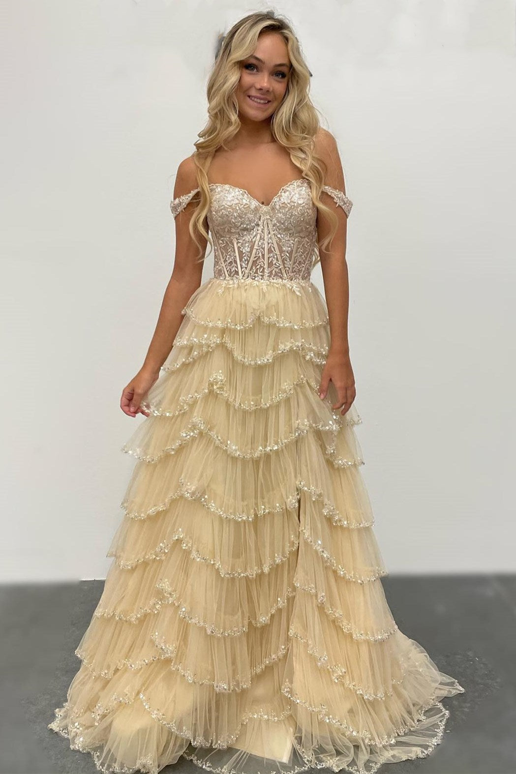 Light Champagne Tulle Beaded Off-the-Shoulder Ruffle Tiered Long Prom Dress