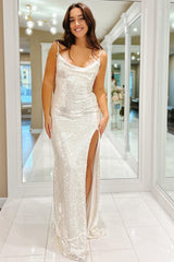 Silver Sequin Cowl Neck Spaghetti Strap Long Prom Dress