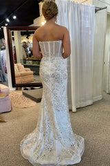 White Strapless Mermaid Long Wedding Dress with Detachable Train