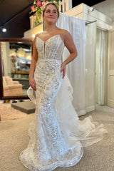 White Strapless Mermaid Long Wedding Dress with Detachable Train