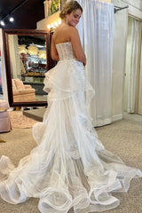 White Strapless Mermaid Long Wedding Dress with Detachable Train