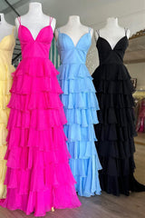 Hot Pink Spaghetti Strap Ruffle Tiered Long Prom Dress