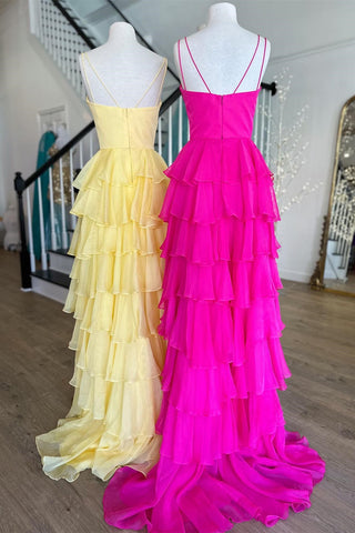 Hot Pink Spaghetti Strap Ruffle Tiered Long Prom Dress