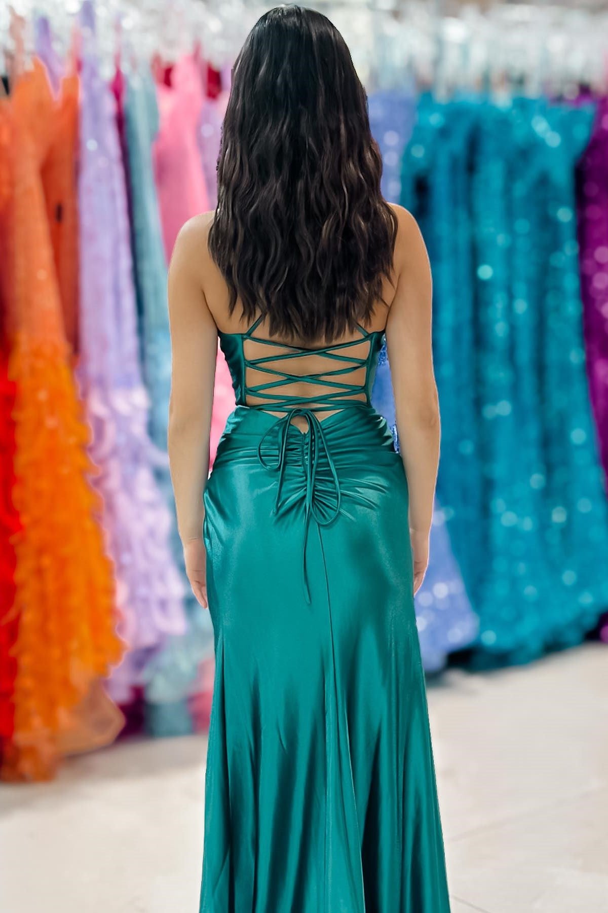 Emerald Sweetheart Lace-Up Ruched Long Formal Dress