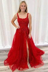 Red Appliques Square Neck Lace-Up A-Line Long Prom Dress