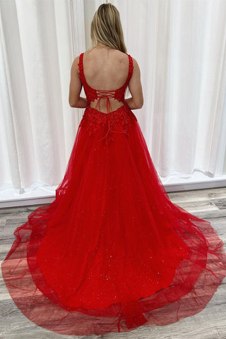 Red Appliques Square Neck Lace-Up A-Line Long Prom Dress