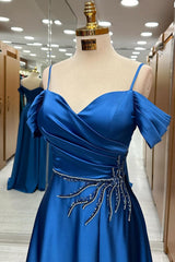 Blue Cold-Shoulder Rhinestones A-Line Long Prom Dress