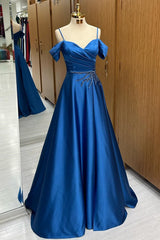 Blue Cold-Shoulder Rhinestones A-Line Long Prom Dress