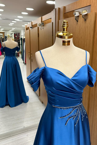 Blue Cold-Shoulder Rhinestones A-Line Long Prom Dress