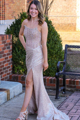 Champagne Sequin Beaded Strapless Long Prom Dress with Slit