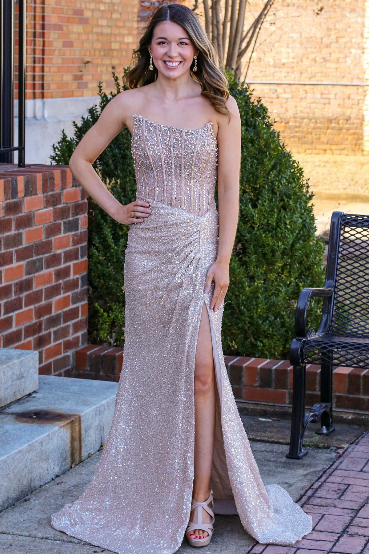 Champagne Sequin Beaded Strapless Long Prom Dress with Slit