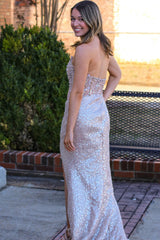 Champagne Sequin Beaded Strapless Long Prom Dress with Slit