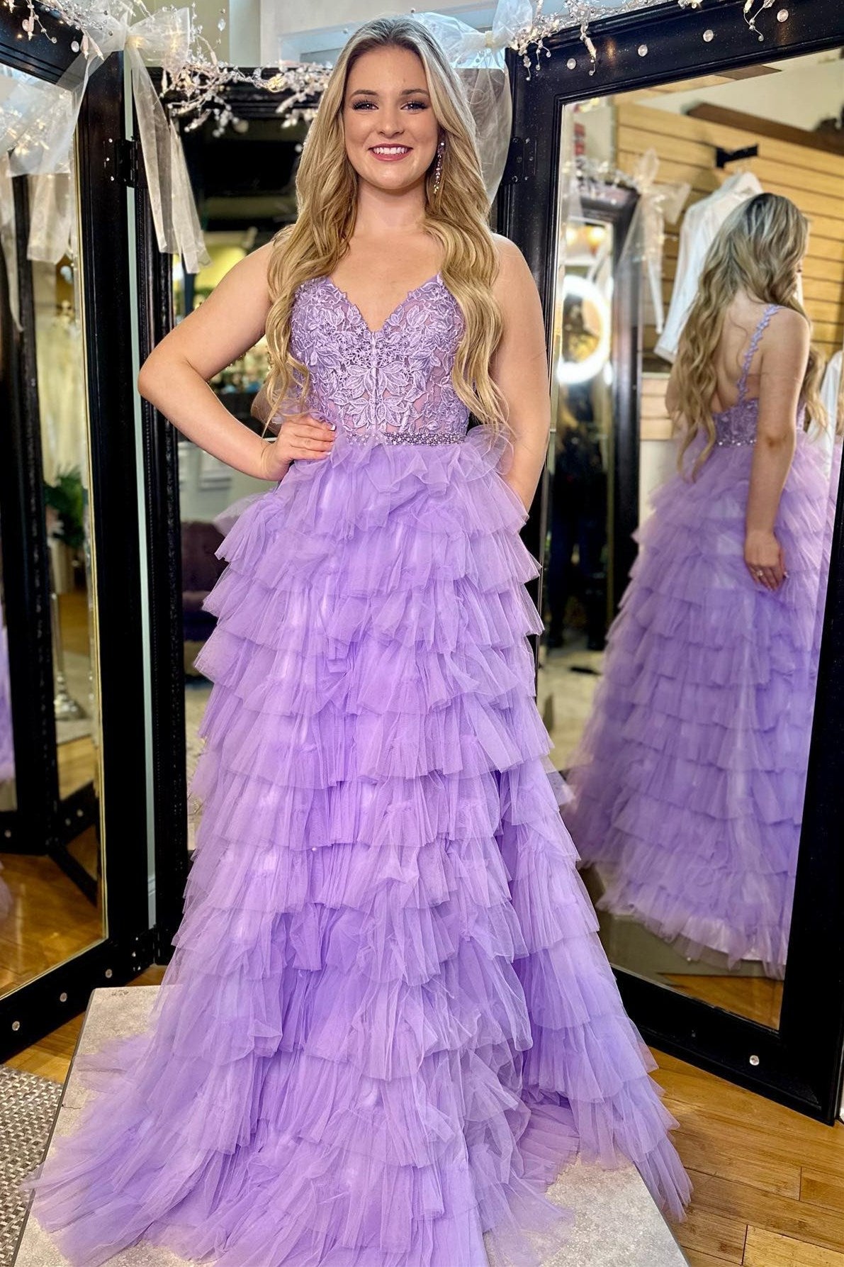 Pink Chiffon Lace-Up Ruffle Tiered Long Prom Dress