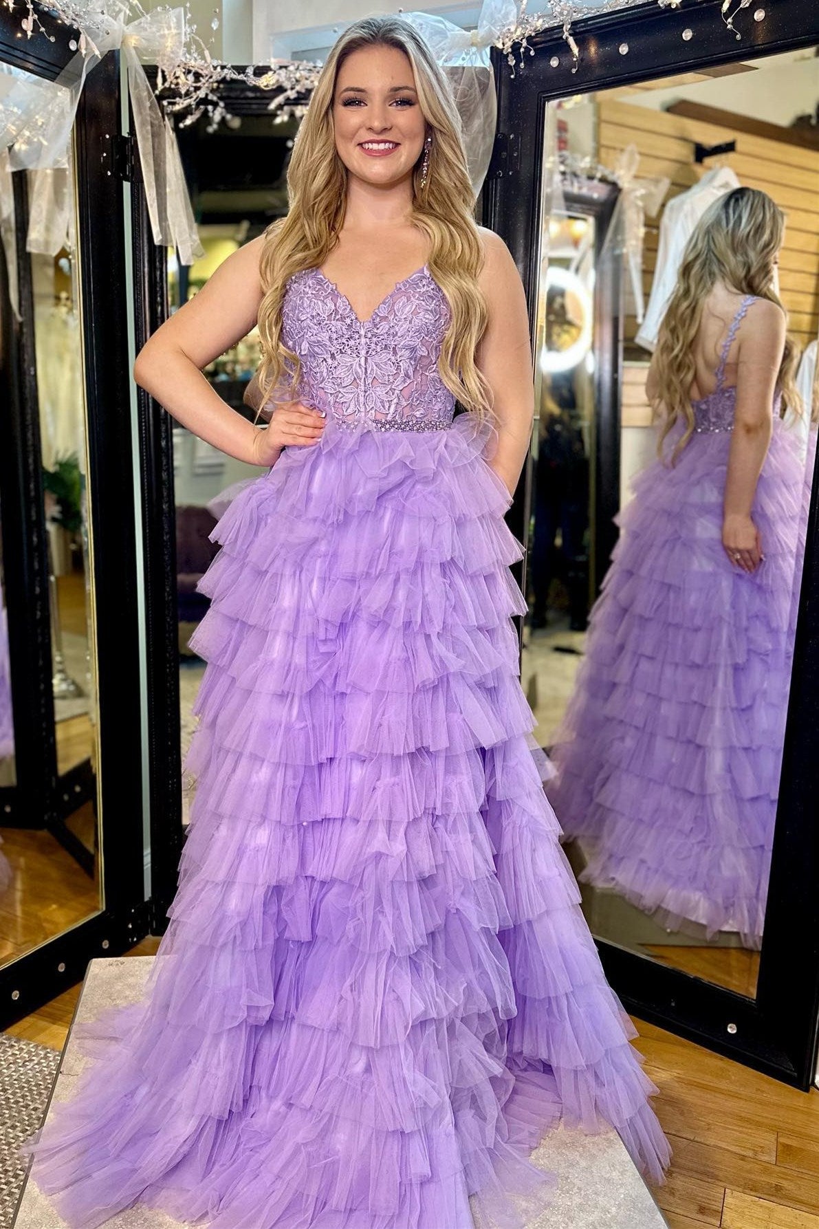 Lavender Appliques V-Neck Ruffle Tiered Long Prom Dress