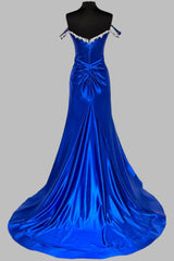 Royal Blue Rhinestone Off-the-Shoulder Long Prom Dress with Slit