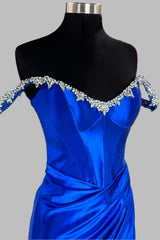 Royal Blue Rhinestone Off-the-Shoulder Long Prom Dress with Slit