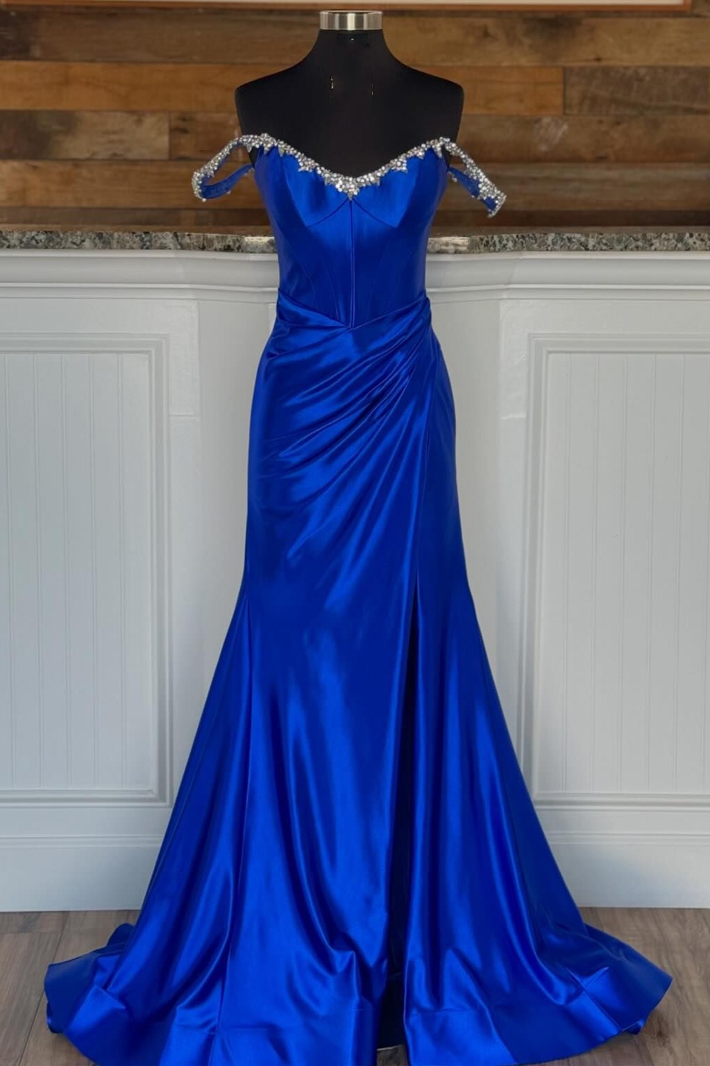 Royal Blue Rhinestone Off-the-Shoulder Long Prom Dress with Slit